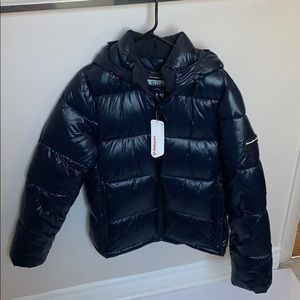 Navy high shine primaloft puffa jacket